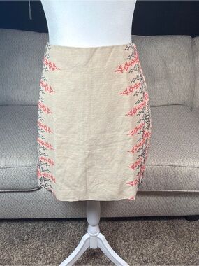 LOFT Beige Pencil Skirt with Coral & Charcoal Embroidery